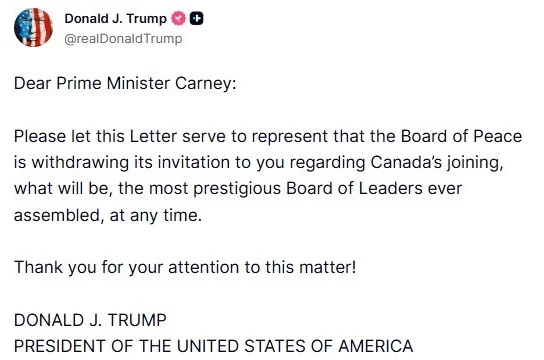 Trump, Kanada Başbakanı Carney’e yaptığı Gazze Barış Kurulu’na katılım davetini geri çekti