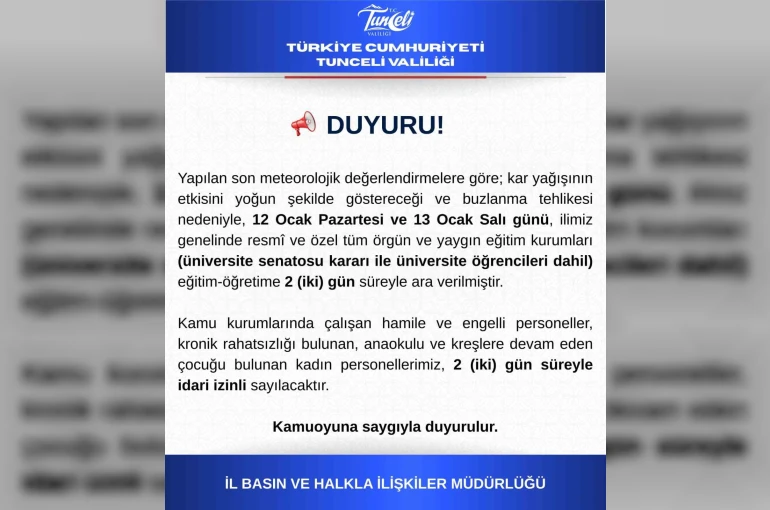 Tunceli’de eğitime 2 gün ara