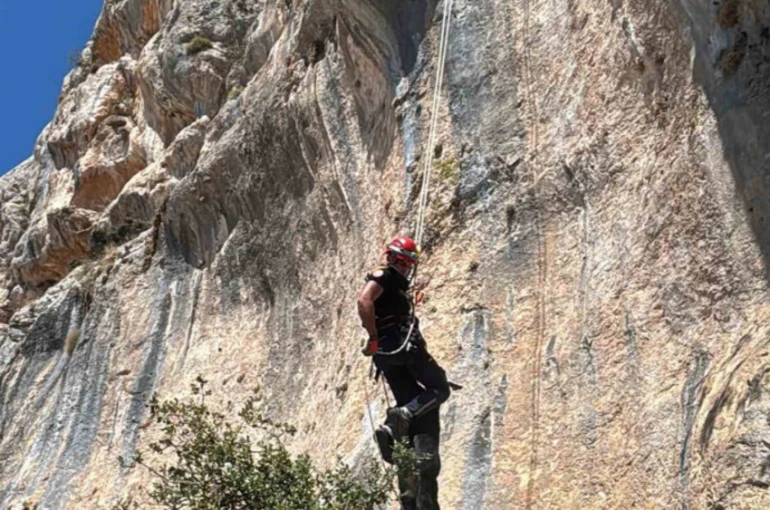 Uçurumda mahsur kalan keçi, itfaiye ekiplerince kurtarıldı