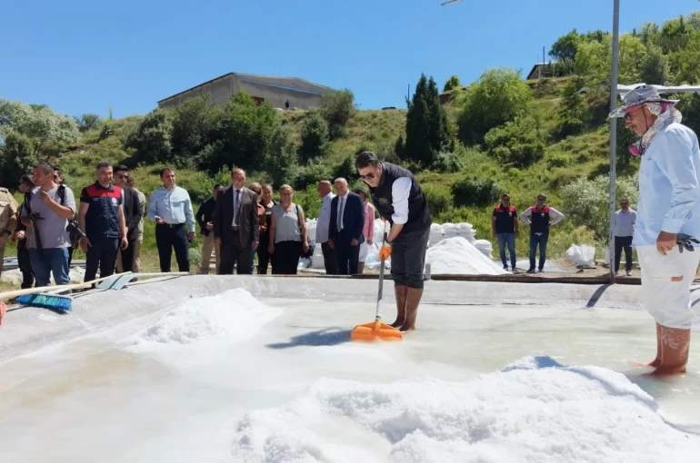 Vali Aygöl, tescilli Pülümür tuzunun üretimine kürek sallayarak eşlik etti