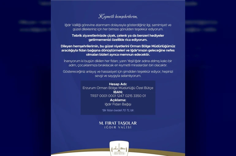 Vali Taşolar’dan tebrikler için anlamlı çağrı: "Çiçek yerine fidan bağışı"