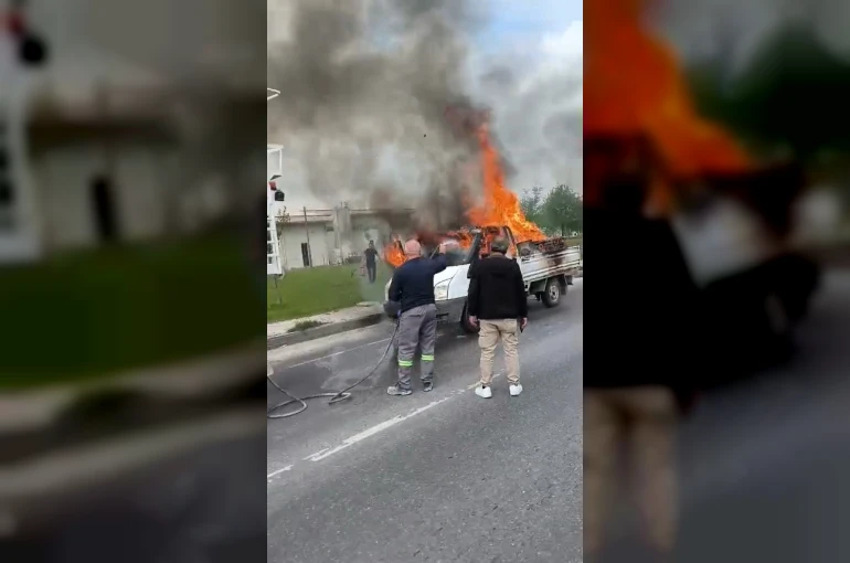 Yanan kamyonete ilk müdahaleyi beton mikseri yaptı