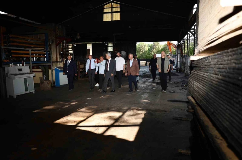 Yanan orman ürünleri fabrikasında inceleme