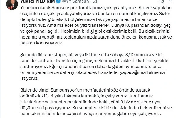 Yüksel Yıldırım: "2-3 yıl içinde ligin ilk 5’inde kalıcı olacağız"